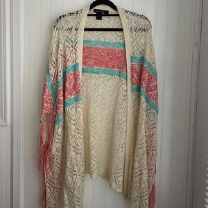 Casual Express Poncho Kimono Lace Crochet Fringe Cream with Aqua and Coral Large